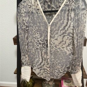 Elizabeth and James Silk Blouse Animal Print -Suede Trim, Button Front
